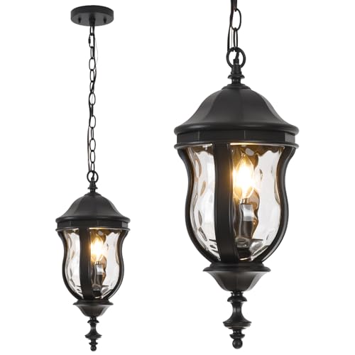 Image of Large Outdoor Pendant Light, 19'' Black Hanging Lantern Porch Light