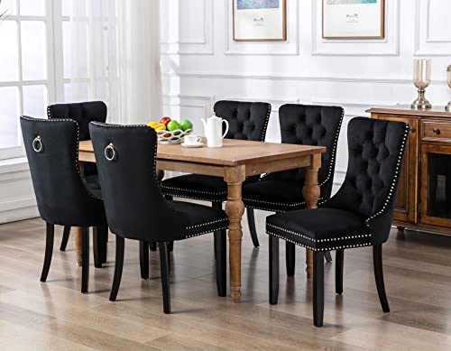 Velvet Dining Chairs Set Of 6, Modern Upholstered Dining Room Chairs With Ring Pull Trim And Button Back,Luxury Tufted Dining Chair For Living Room,Kitchen(Black) #TOP1