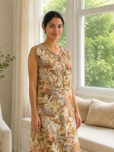 Image of 9shines Label Alpine Sleeveless Nighty | All Over Print Maxi for Women | Night wear for Women | Full Length Night Gown for Women | Night Dress for Women Stylish (Alpine Sleeveless 24)