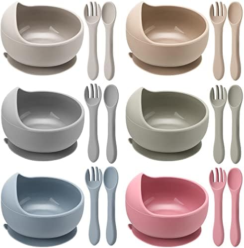 EBOOT 6 Set Baby Bowls with Suction Sets, Toddler Led Weaning Spoon and Fork Baby Utensils Suction Bowls Silicone Bowls for Baby Toddler First Stage Feeding Utensils