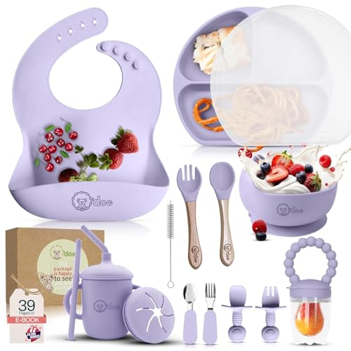 Image of O'doe 17-Piece BPA-Free Silicone Baby Feeding Set | Thick & Soft Suction Plates, Baby Bowls, Wooden Fork & Spoon, and More | Make Mealtime Fun and Easy for Your Little One (Purple, V2)