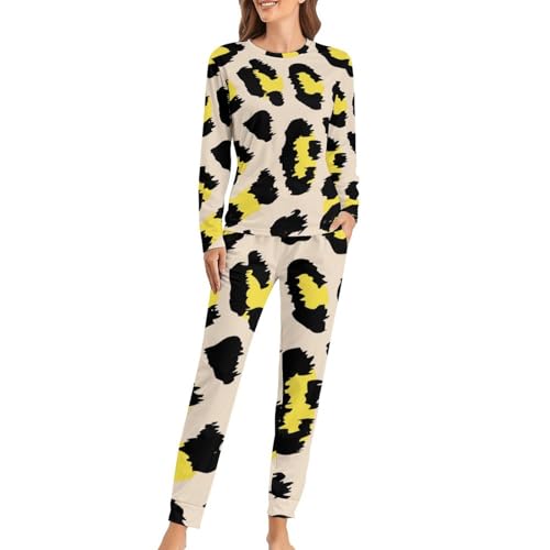 Pyjama femme léopard jaune ensemble stretch et doux avec haut manches longues et pantalon