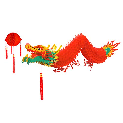 TUPARKA Chinese New Year Dragon with Red Lantern for Chinese Lunar New Year Decorations Waterproof Dragon Hanging Garland for Spring Festival New Year Supplies Indoor Outdoor Decoration (4.92 Feet)