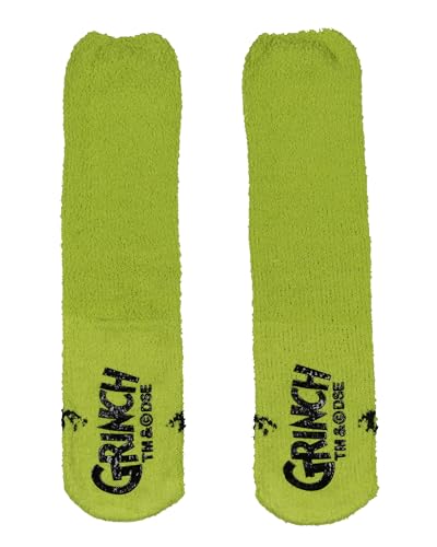 MJC Dr. Seuss The Grinch Adult Unisex Fuzzy Grinch Face Gripper Slipper Socks OSFM, Green3