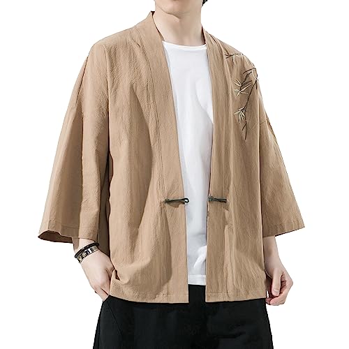 Image of Mens Kimono Cardigan Cotton Linen Japanese Shirt 3 /4 Sleeve Haori Yukata | Skin-Friendly Solid Color Lightweight Shawl Collar Kimono Robe Embroidery Button Tie Pockets Happi Coat All Season Daily Wear