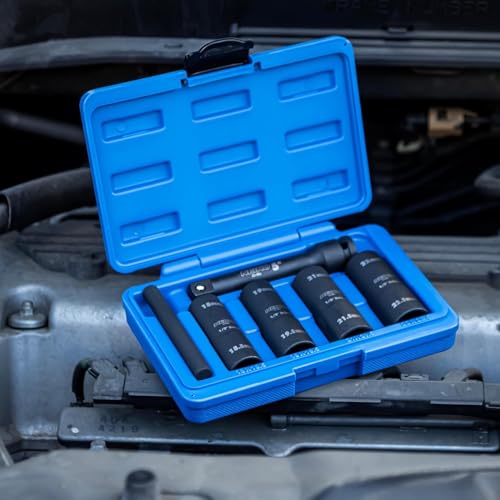 Image of NEIKO 02290B Lug Nut Socket Set, 1 /2 inch Impact Thin Wall Flip Socket Set, Half Size Wheel Socket Set, Metric 6 Point, 5 inch Extension Bar & Knockout Bar, 18.5mm, 19.5mm, 21.5mm, and 22.5mm