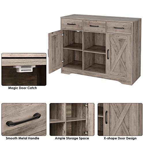 Hostack Modern Farmhouse Buffet Cabinet With Storage, Barn Doors Sideboard Buffet Storage Cabinet With Drawers And Shelves, Wood Coffee Bar Cabinet For Kitchen, Dining Room, Living Room, Ash Grey #TOP6