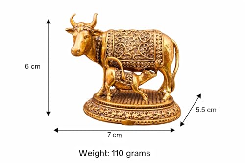 Image of Kamdhenu Cow with Calf Idol in Brass for Home Temple | Gau MATA Murti for Pooja, Vastu & Prosperity | Small Decorative Cow Statue for Office, Gift & Spiritual Decor (6 x 7 x 5.5 cm, 110 gm)