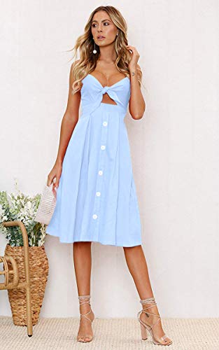 Image of ECOWISH Women 2026 Summer Dresses Tie Front V-Neck Spaghetti Strap Button Down A-Line Backless Swing Midi Dress