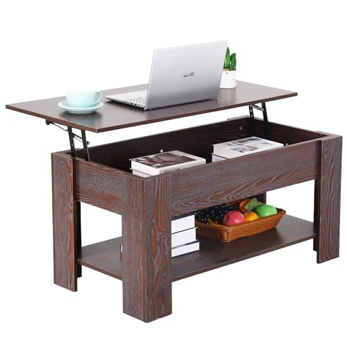 Lift Top Coffee Table w/Hidden Compartment and Storage Shelf,Retro Wooden Lift Tabletop Dining Table...