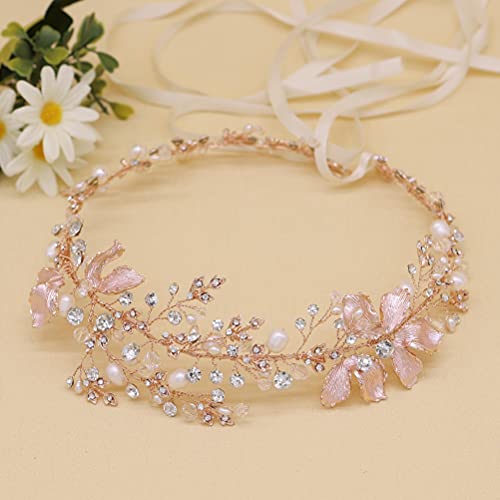 Oriamour Freshwater wedding headpiece bridal headband for women (Rose Gold)