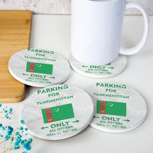 Lot de 4 dessous de verre ronds avec motif drapeau du Turkménistan - Parking pour le Turkménistan - Tous les autres seront remorqués - Dessous de verre pour table basse - Sets de table amusants avec