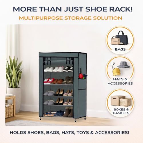 Image of Metal Shoe Stand with Cover, 5 Tier Shoe Organizer for Home & Office - Grey