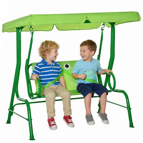 Outsunny Kids Patio Swing 2-Seater Outdoor Swing Chair with Adjustable Canopy and Safety Belt Frog Pattern Hanging Swing Bench for Garden or Backyard Green