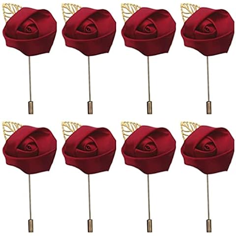 Yanyan Pack of 8 Boutonniere Boutineer Corsage Brooch Pin Buttonholes Handmade Satin Flower for Groom Bridegroom Groomsmen Wedding Homecoming Prom Suit (Wine Red) Cover