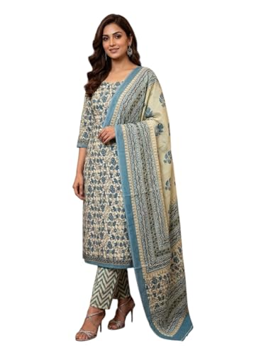 Image of Eddika women unstitched hand block printed cotton suit set with mulmul dupatta ehbpcswmd0120P