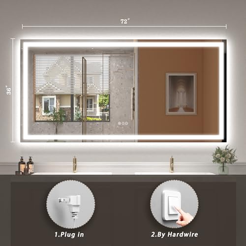 Image of Led Lighted Mirror for Bathroom Wall 72X36, Large Vanity Mirror with Lights, Dimmable, Anti-Fog, ETL Listed (Front lit and Backlit)