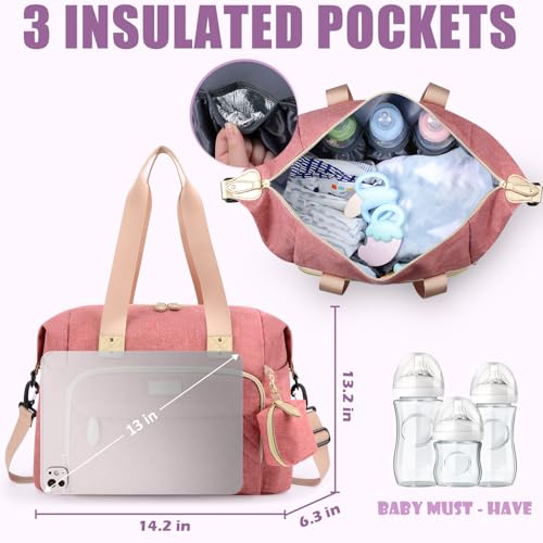 Image of Tuwubi Diaper Bag Tote,Baby Diaper Bag with Pacifier Case Large Travel Diaper Tote Caddy for Mom and Dad Multifunction Large Baby Bag - M-Pink