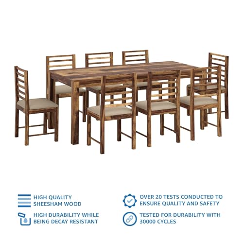 Image of Amazon Brand - Solimo Sheesham Wood Natick 8 Seater Dining Table with Cushioned Chairs | Wooden Dining Set Furniture for Restaurants, Dining Room, Living Room, and Home (Natural Finish)