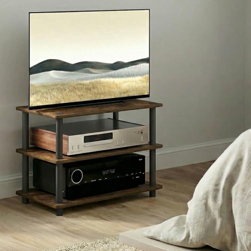 Image of Furinno Turn-N-Tube TV Stand, 3-Tier Corner Entertainment Center with Shelves, Toolless TV Console for TV up to 32 Inch, Open Back, Easy Assembly, for Living Room, Bedroom, Amber Pine