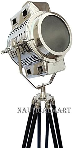 Nauticamart Marine Vintage Chrome Search Light Wooden Tripod Floor Lamp