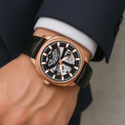 Image of ALIX AL2511 Automatic Mechanical Watch for Men Genuine Leather Strap Skeleton Dial Analog Watch