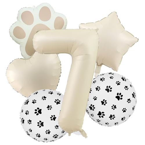 Image of 7th Birthday Dog Paw Balloons Set,18'' Paw Prints, Heart,Star,Paw Shaped Foil Balloon 40 Inch Cream Number 7 Helium balloons for Puppy Themed Third Anniversary Birthday Party Decorations Supplies 6PCS