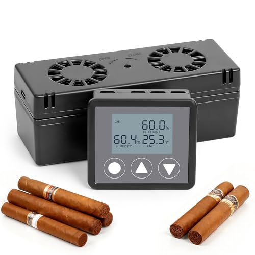 Electric Cigar Humidifier for Cigar Humidor Box - Dual-Fan Sensor-Controlled + LCD Humidity & Temperature Display, Multi-Device Connection Supported, for 40-180 Cigars 1V1