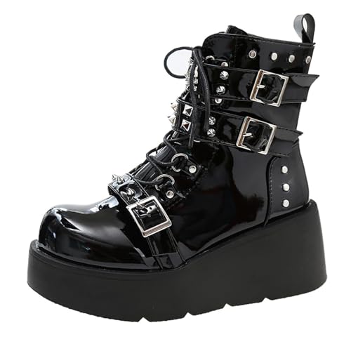 Women's Platform Gothic Ankle Booties With Adjust Studded Metal Buckle Fashion Y2k Zip Lace Up Wedge Thick Sole Punk Motorcycle Combat Short Boots2