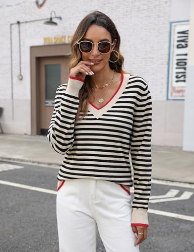 Blooming Jelly Womens Sweaters Striped V Neck Fall Outfits 2024Color Block Pullover Tops Winter Clothes2