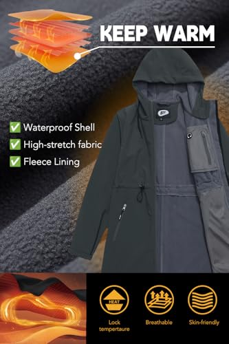 Image of FARVALUE Women's Long Softshell Jacket Waterproof Lightweight Warm Windproof Hooded Fleece Lined Rain Coat for Outdoor