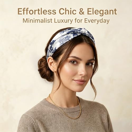 Image of ZLYC Mulberry Silk Headband for Women's Hair, Floral Navy and White | smooth luxury real silk, stretch elastic no slip fit, makeup spa skincare use, travel daily wear,boho fashion hair accessory