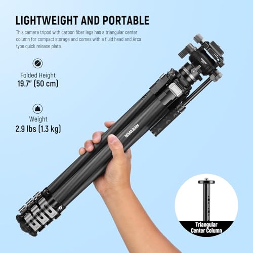 Image of NEEWER 60.4 inch Travel Tripod Carbon Fiber with Detachable Damped Fluid Head, Lightweight Video Camera Stand with Metal Quick Flip Buckle, Arca Type QR Plate Compatible with PD, LT37