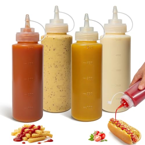 OAMCEG 500ml Squeeze Flasche 4 Stück 16oz Kunststoff Würzpressflaschen Squeeze Squirt Flasche mit Diskreten Messungen Quetschflasche für Ketchup BBQ Saucen Sirup Gewürze
