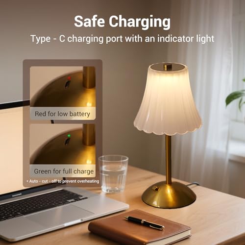 Cordless Table Lamps for Home,Table,Dining Room, Gold Rechargeable Lamps, USB Charge 12'' Tall LED Brass Portable Outdoor Indoor Table Lamp with Built-in Dimmer (Clear) - Image 6