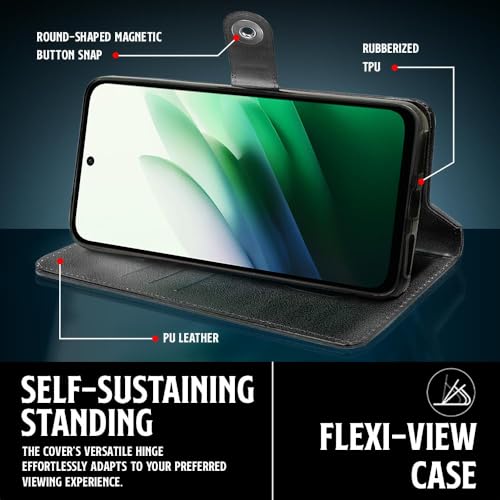 Image of WOW IMAGINE Shock Proof Flip Cover Back Case for Mi Redmi 15 5G (Magnetic Button Flip Case | Wallet Pockets & Stand | Leather Finish | Haze Black)