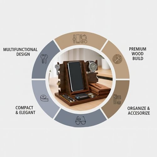 Image of Executive Wooden Docking Station for Men | Mobile, Glasses & Wallet Organizer with Key Hooks and Accessory Tray, Luxury Desk & Bedside Table Stand | Size: 11 x 8 x 6 Inch