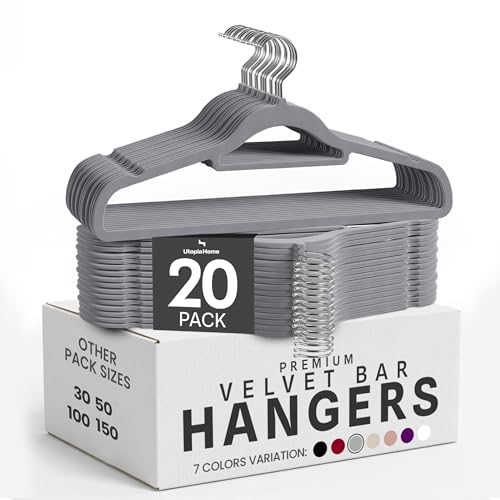 Utopia Home Perchas de Terciopelo - Perchas para Trajes de Terciopelo con Tie Bar - Antideslizantes (Gris, Paquete de 20)