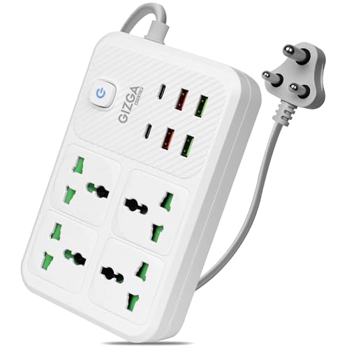 Image of Gizga essentials Power Extension Board with 4 Universal Sockets, 4 USB & 2 Type C Port| Socket with 2M Cord, Surge Protector, Child Safety, Anti-Flaming Body, 10A Output, 250V Multi Plug Adapter