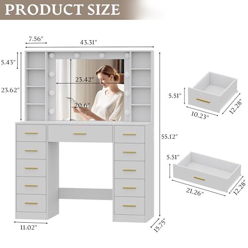 Image of Wodeer Makeup Vanity with Drawers, 43 inch White Vanity Desk with Mirror and Lights, 11 Drawers & 4 Shelves, Power Outlet & Adjustable LED Lights, Dressing Table for Women & Girls Bedroom