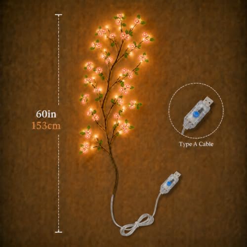 Image of One94Store DIY Cherry Blossom with Leaves LED Vine Wall Light | 72 Warm White LEDs | USB Powered Flexible Floral Branch | Fairy String Lights for Bedroom, Living Room, Home, Wedding & Festival Decor