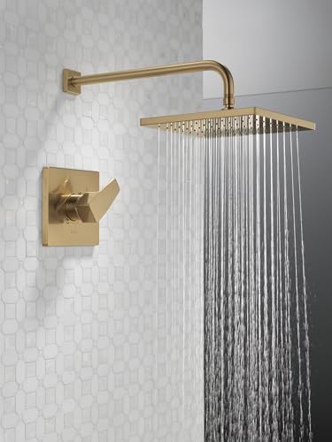 Image of Delta Modern 14 Series Square Rain Shower Faucet Set, Brushed Gold Shower Head and Handle Set, Valve Trim Kit, Champagne Bronze T14268-CZ-PP (Valve Not Included)
