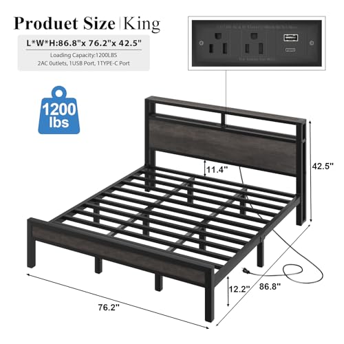 Image of LOEWAY King Size Platform Bed with 2-Tier Storage Headboard, Metal Bed Frame with Charging Station & LED Light, Heavy Duty Metal Slats, No Box Spring Need, Noise Free, Grey