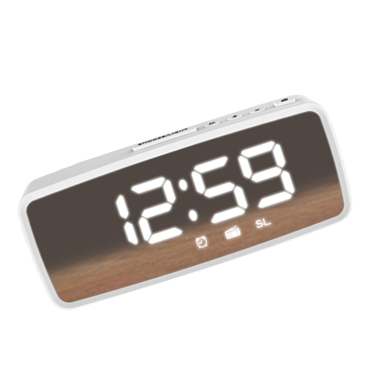 Reloj digital LED de espejo con sistema 12/24h y base firme para dormitorios modernos