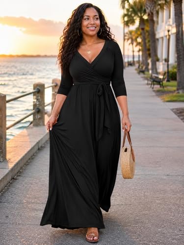 Image of PinkPatty Women's Plus Size Maxi Dress Casual 3 /4 Sleeve Dress with Belt | Soft stretch feel, printed style, flowy A-line fit, v neck, waist tie, side pockets, for vacation, party and daily wear