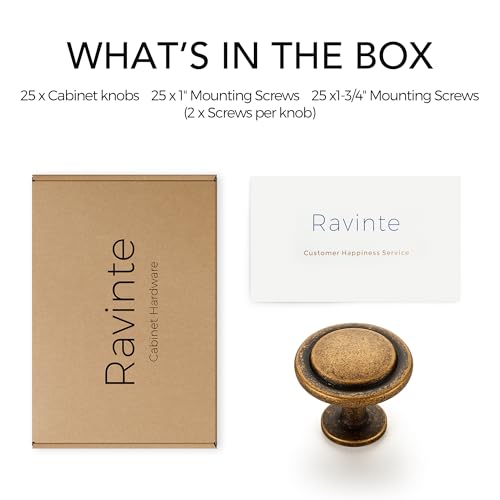 Image of Ravinte 25 Pack 1-1 /4 Inch Kitchen Cabinet Knobs Antique Brass Zinc Pulls Door Handles for Dresser Drawers