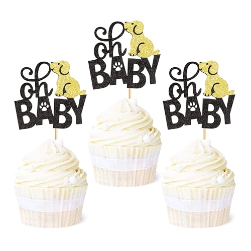 Ercadio Paquete de 24 adornos para cupcakes de perros Oh Baby con purpurina para cupcakes con diseño de perros Oh Baby para temática de mascotas, baby shower, fiesta de cumpleaños, suministros de