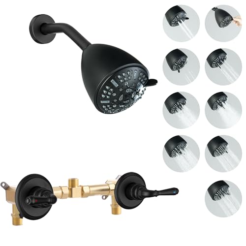 GUOYINDONG 2 Handle Shower Faucet Set Two Handles Shower Faucet Set with 9 Modes Filter Rainfall Shower Head Wall Mounted 2 Knobs Shower Trim Kit with Rough-in Valve Matte Black