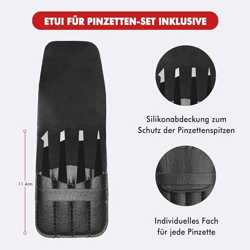 SK STAHLWAREN Pinzetten-Set 4-teilig – Professionelle Profi Präzisionspinzetten aus hochwertigem Edelstahl – Spitzpinzette für eingewachsene Haare, Barthaare, Wimpern & Augenbrauen – inkl. Etui
