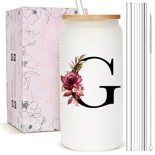 Personalized Gifts for Women, Monogrammed Frosted Glass Tumbler with Straw and Lid, Cute Customized Mug, Custom Initial Iced Coffee Glasses, Customizable Drinking Cup, Birthday Teacher Woman, G